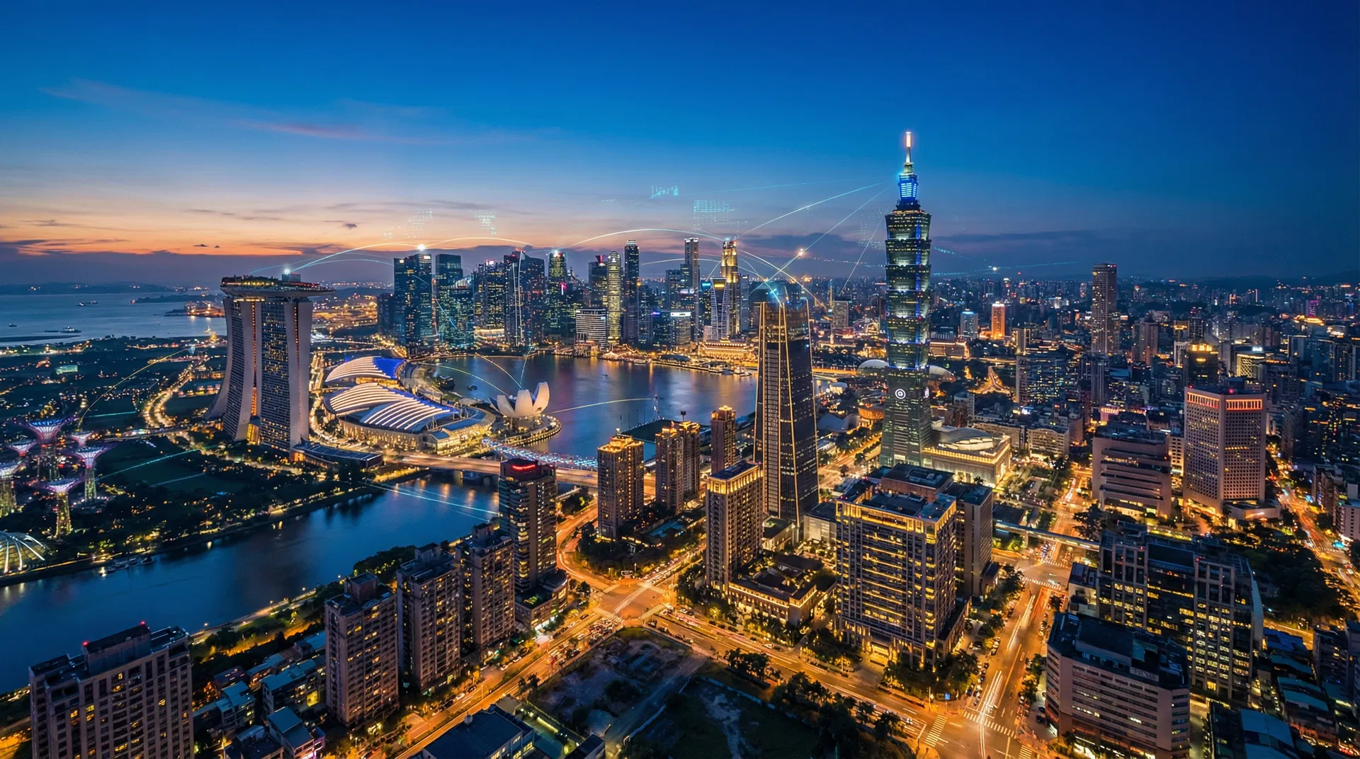 台北與新加坡城市夜景示意圖